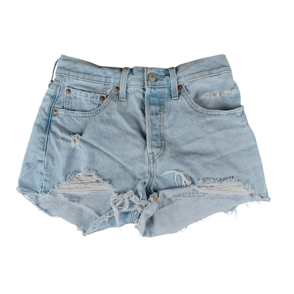 Levis 501‎ Original High Rise Distressed Denim Shorts Light Wash Blue W26 27
